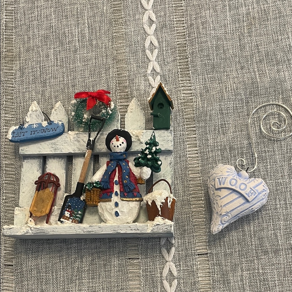 Festive Snowman Holiday Decor and Heart “woof” ornament bundle.